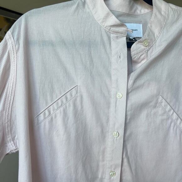 Current Elliot Pinstripe Cotton Poplin Oversized Button Down Shirt Pink NEW - Picture 3 of 7